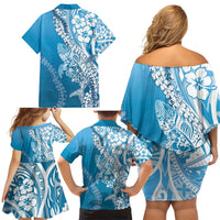 Hawaii Puakenikeni And Maile Lei Family Matching Off Shoulder Short Dress and Hawaiian Shirt Blue Polynesian Shark Tattoo DT05