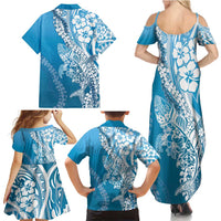 Hawaii Puakenikeni And Maile Lei Family Matching Summer Maxi Dress and Hawaiian Shirt Blue Polynesian Shark Tattoo DT05