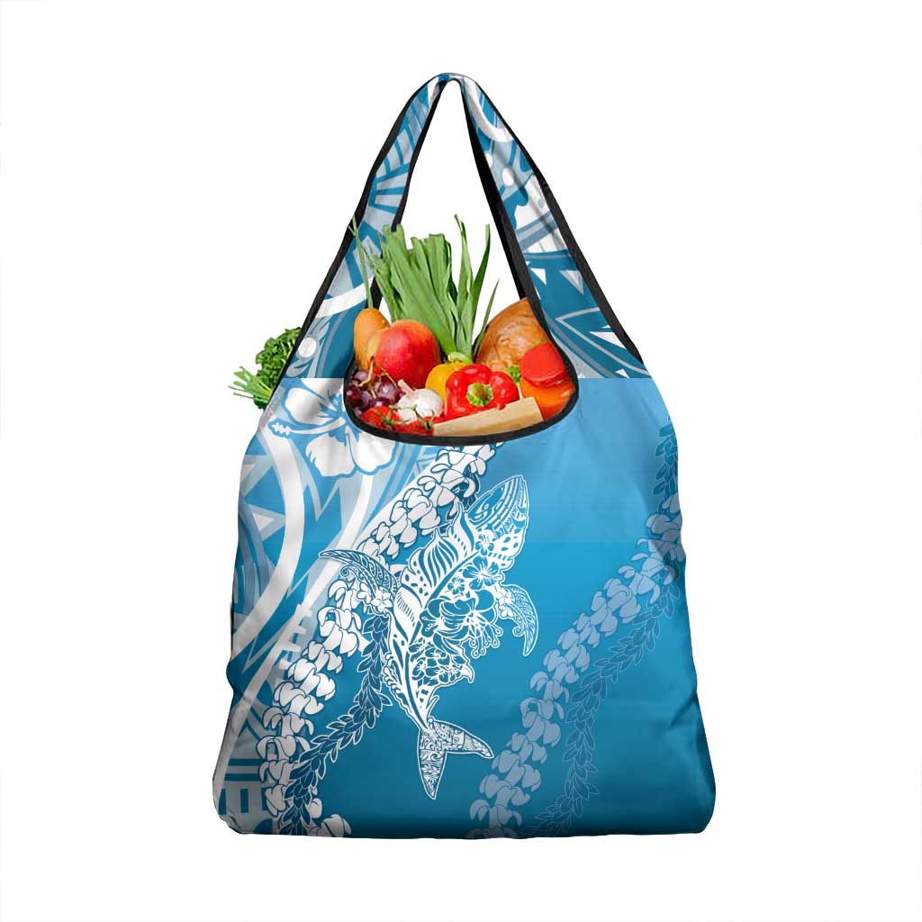 Hawaii Puakenikeni And Maile Lei Grocery Bag Blue Polynesian Shark Tattoo DT05