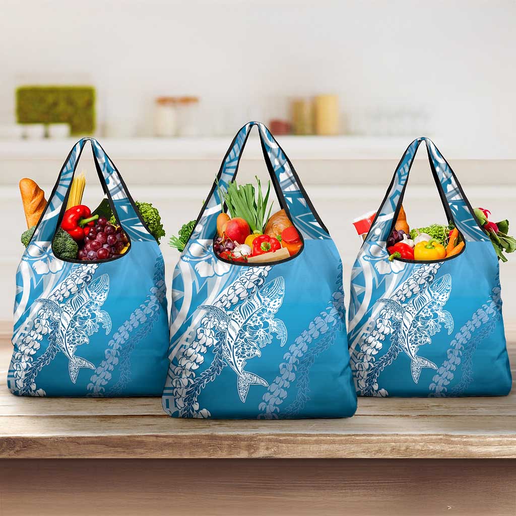Hawaii Puakenikeni And Maile Lei Grocery Bag Blue Polynesian Shark Tattoo DT05