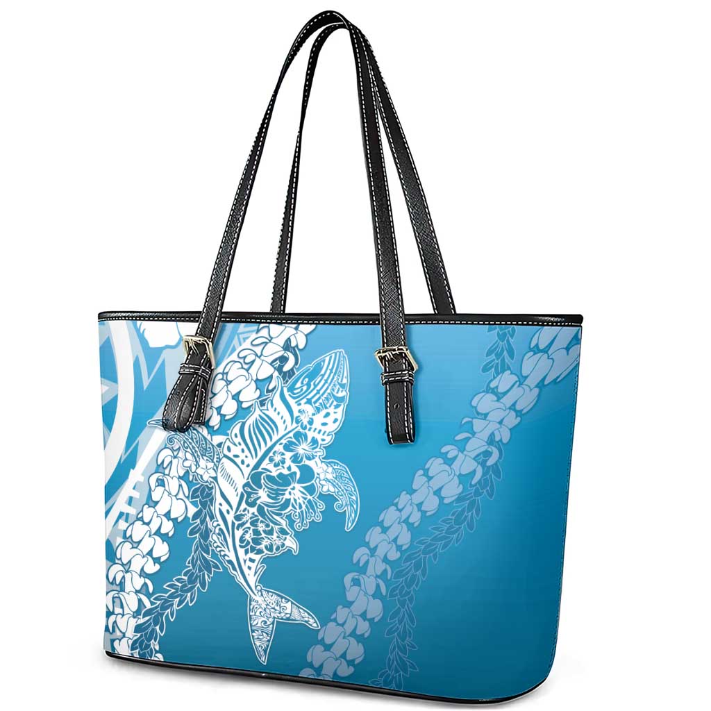 Hawaii Puakenikeni And Maile Lei Leather Tote Bag Blue Polynesian Shark Tattoo DT05