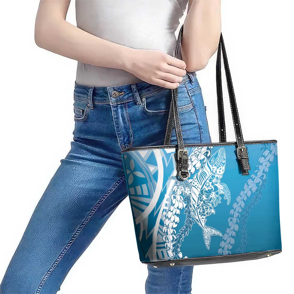 Hawaii Puakenikeni And Maile Lei Leather Tote Bag Blue Polynesian Shark Tattoo DT05