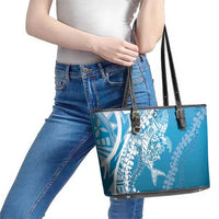 Hawaii Puakenikeni And Maile Lei Leather Tote Bag Blue Polynesian Shark Tattoo DT05