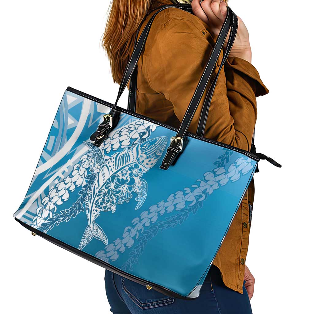 Hawaii Puakenikeni And Maile Lei Leather Tote Bag Blue Polynesian Shark Tattoo DT05