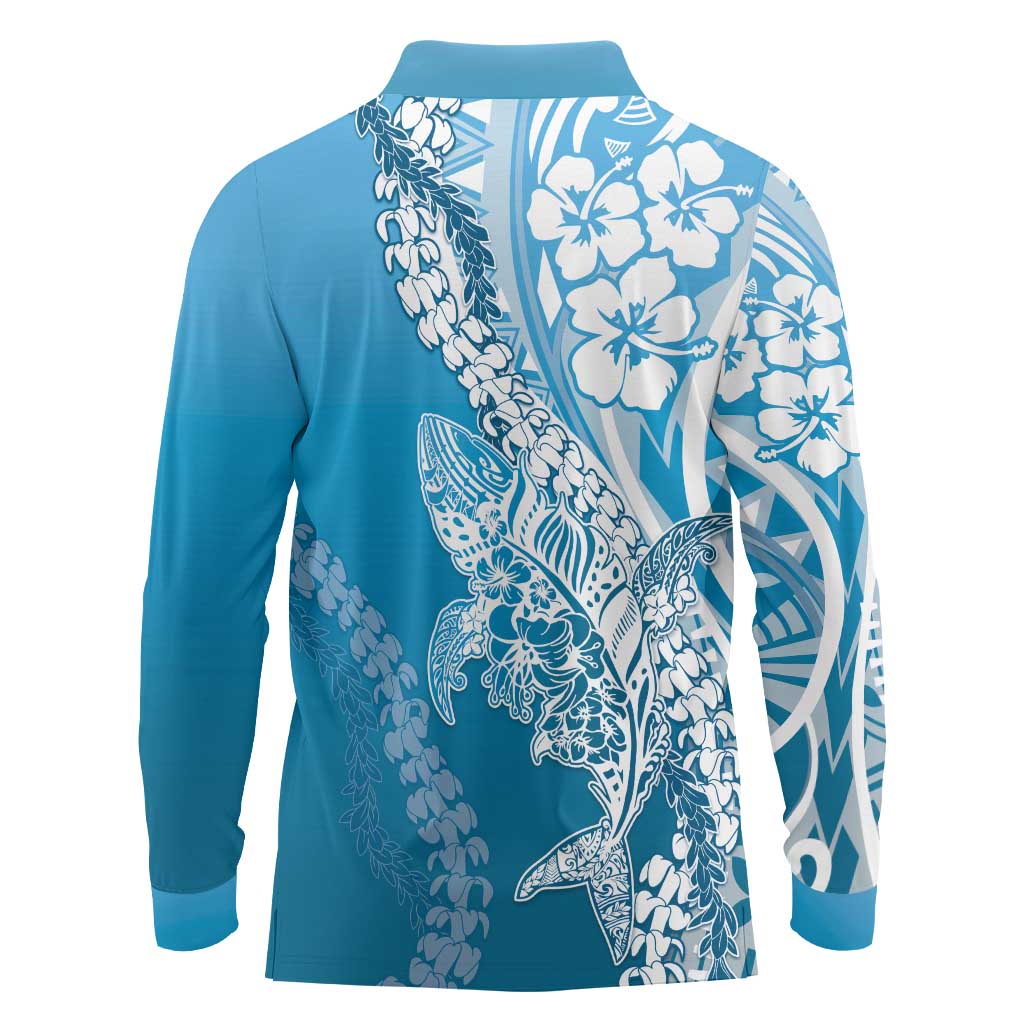 Hawaii Puakenikeni And Maile Lei Long Sleeve Polo Shirt Blue Polynesian Shark Tattoo DT05