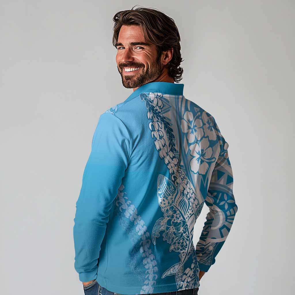 Hawaii Puakenikeni And Maile Lei Long Sleeve Polo Shirt Blue Polynesian Shark Tattoo DT05