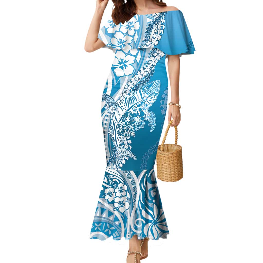 Hawaii Puakenikeni And Maile Lei Mermaid Dress Blue Polynesian Shark Tattoo DT05