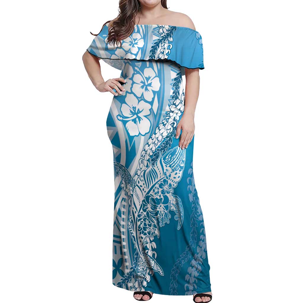 Hawaii Puakenikeni And Maile Lei Off Shoulder Maxi Dress Blue Polynesian Shark Tattoo DT05