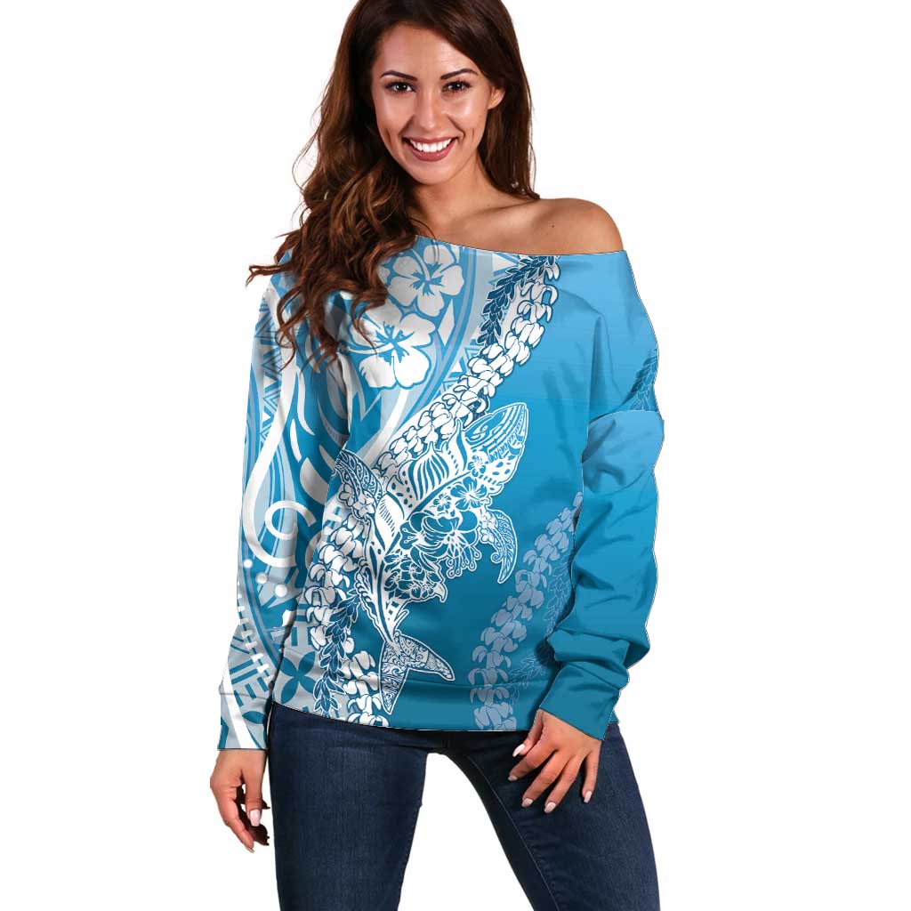 Hawaii Puakenikeni And Maile Lei Off Shoulder Sweater Blue Polynesian Shark Tattoo DT05