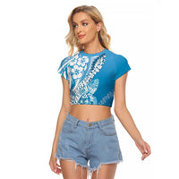 Hawaii Puakenikeni And Maile Lei Raglan Cropped T Shirt Blue Polynesian Shark Tattoo DT05 Female Blue - Polynesian Pride