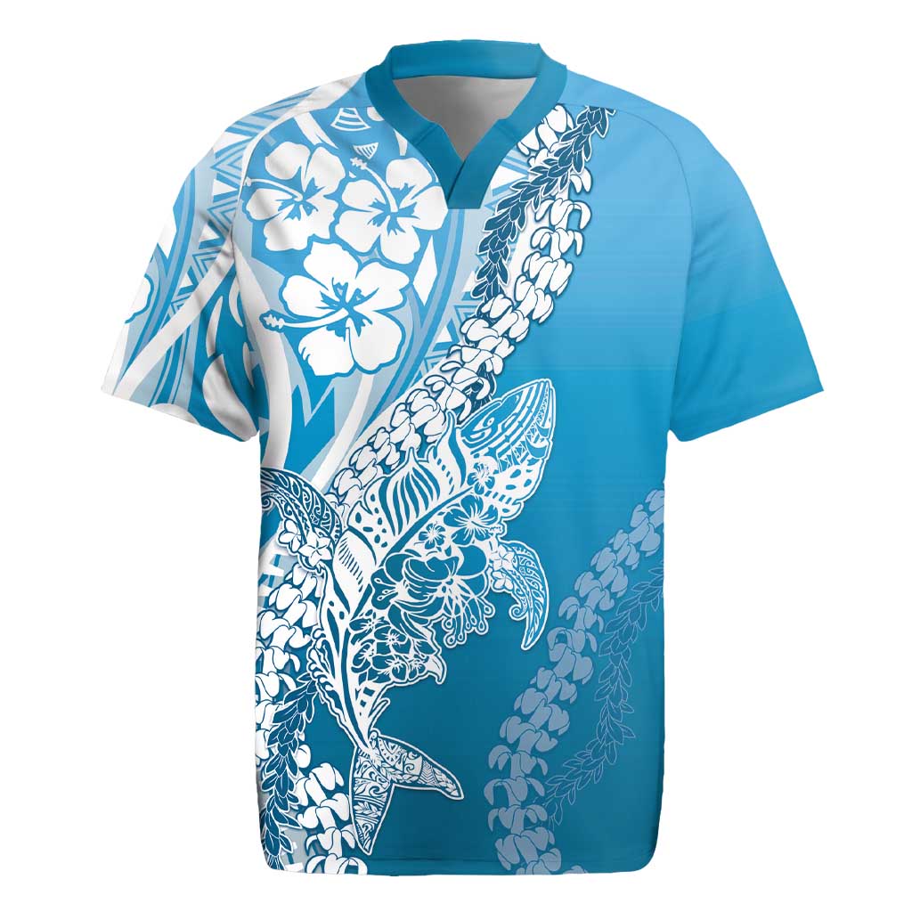 Hawaii Puakenikeni And Maile Lei Rugby Jersey Blue Polynesian Shark Tattoo DT05