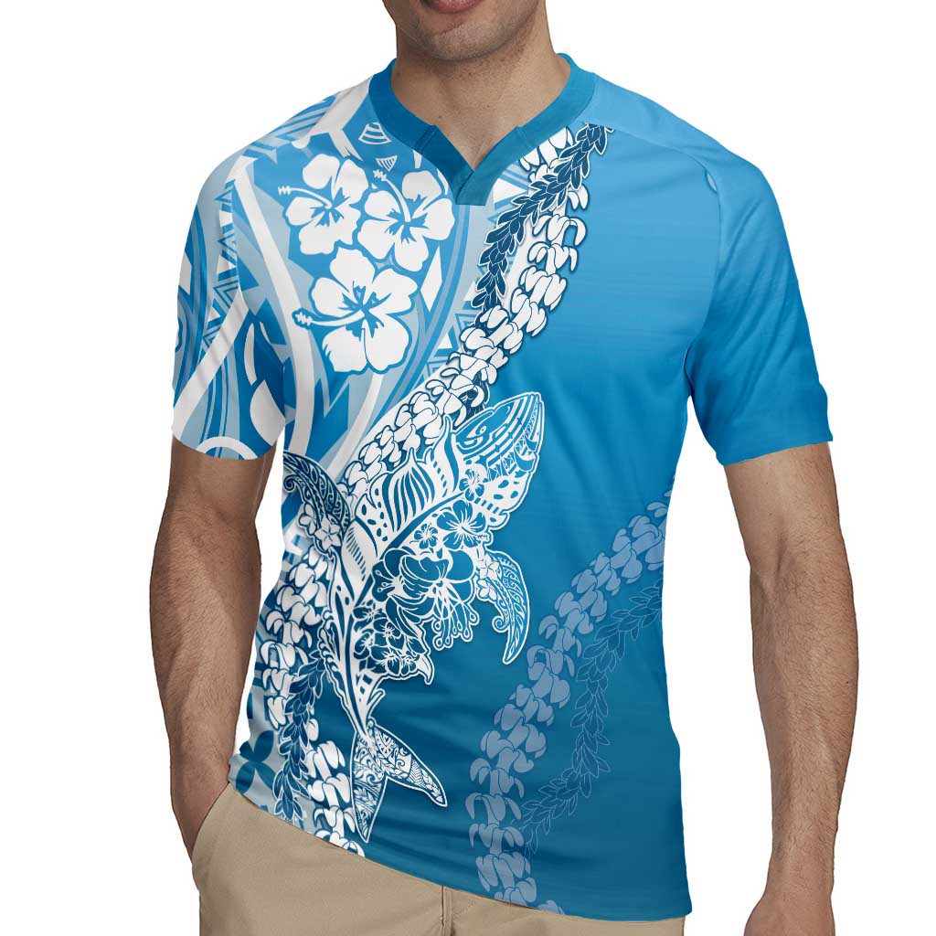 Hawaii Puakenikeni And Maile Lei Rugby Jersey Blue Polynesian Shark Tattoo DT05