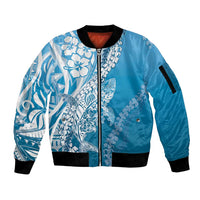 Hawaii Puakenikeni And Maile Lei Sleeve Zip Bomber Jacket Blue Polynesian Shark Tattoo DT05