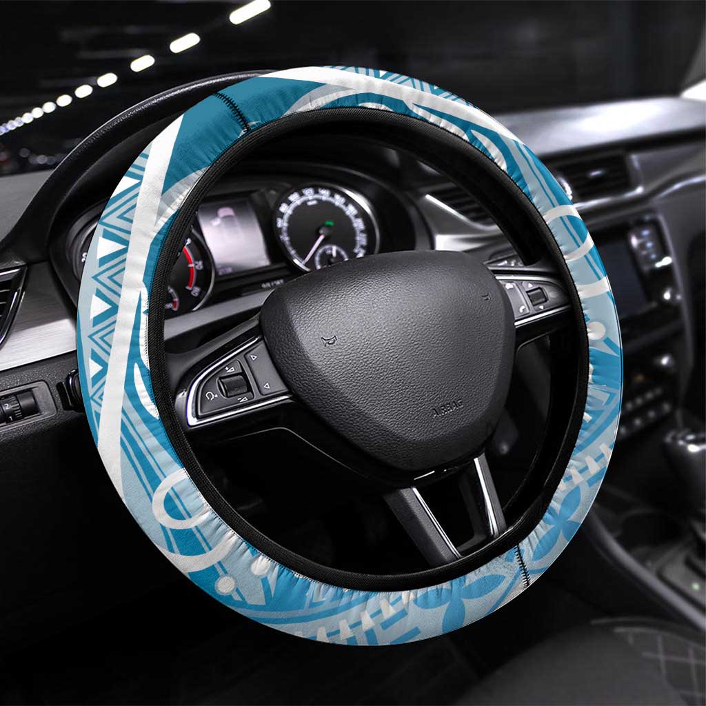Hawaii Puakenikeni And Maile Lei Steering Wheel Cover Blue Polynesian Shark Tattoo DT05
