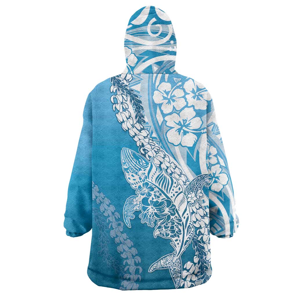 Hawaii Puakenikeni And Maile Lei Wearable Blanket Hoodie Blue Polynesian Shark Tattoo DT05