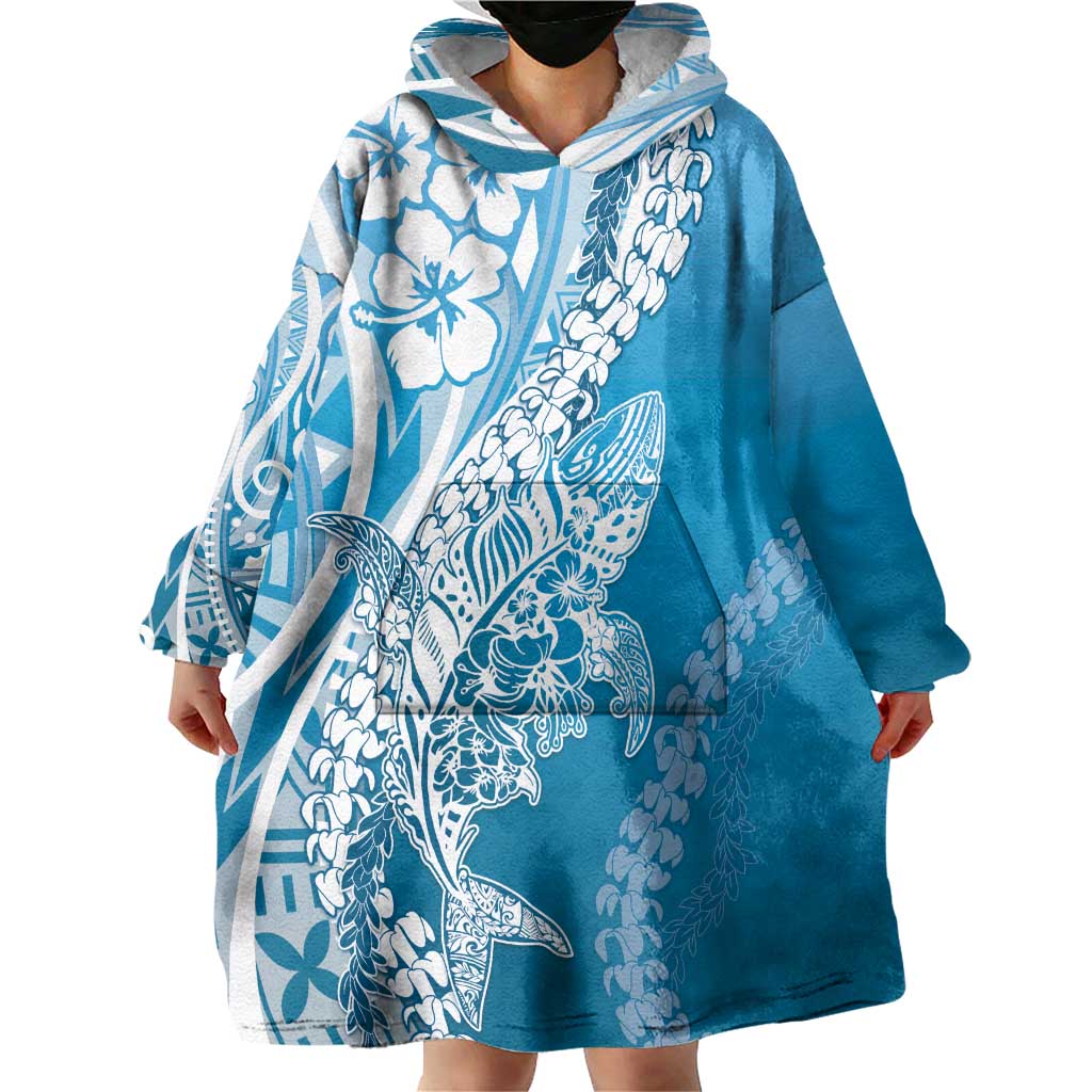 Hawaii Puakenikeni And Maile Lei Wearable Blanket Hoodie Blue Polynesian Shark Tattoo DT05