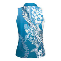 Hawaii Puakenikeni And Maile Lei Women Sleeveless Polo Shirt Blue Polynesian Shark Tattoo DT05