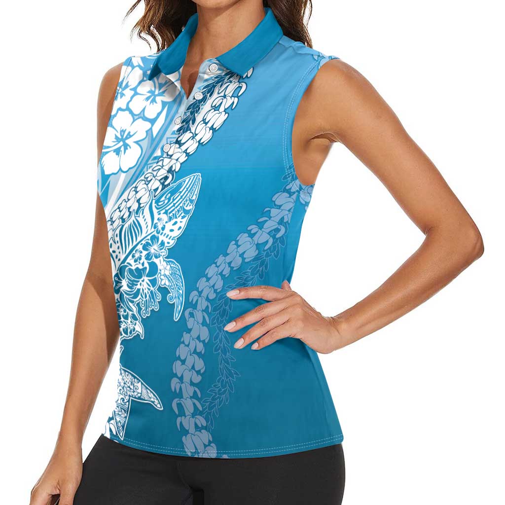 Hawaii Puakenikeni And Maile Lei Women Sleeveless Polo Shirt Blue Polynesian Shark Tattoo DT05