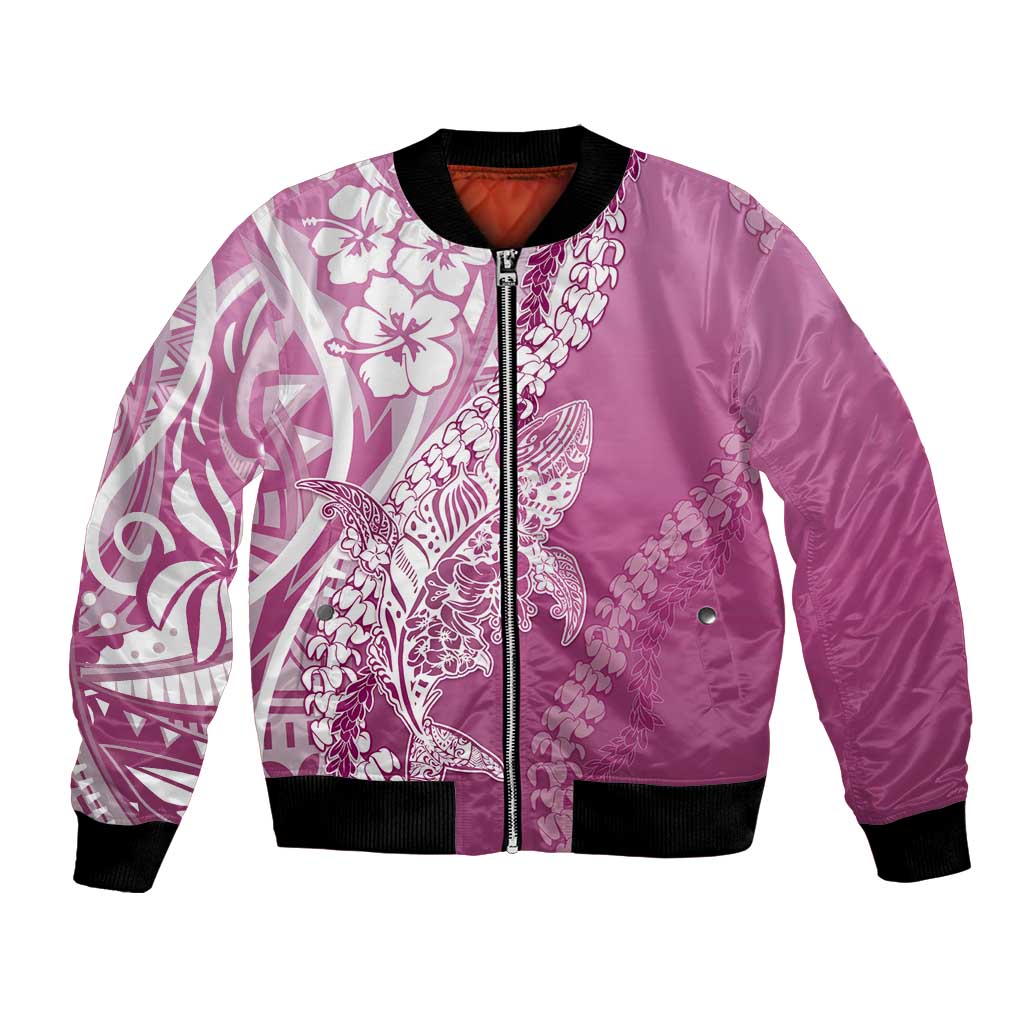 Hawaii Puakenikeni And Maile Lei Bomber Jacket Pink Polynesian Shark Tattoo DT05