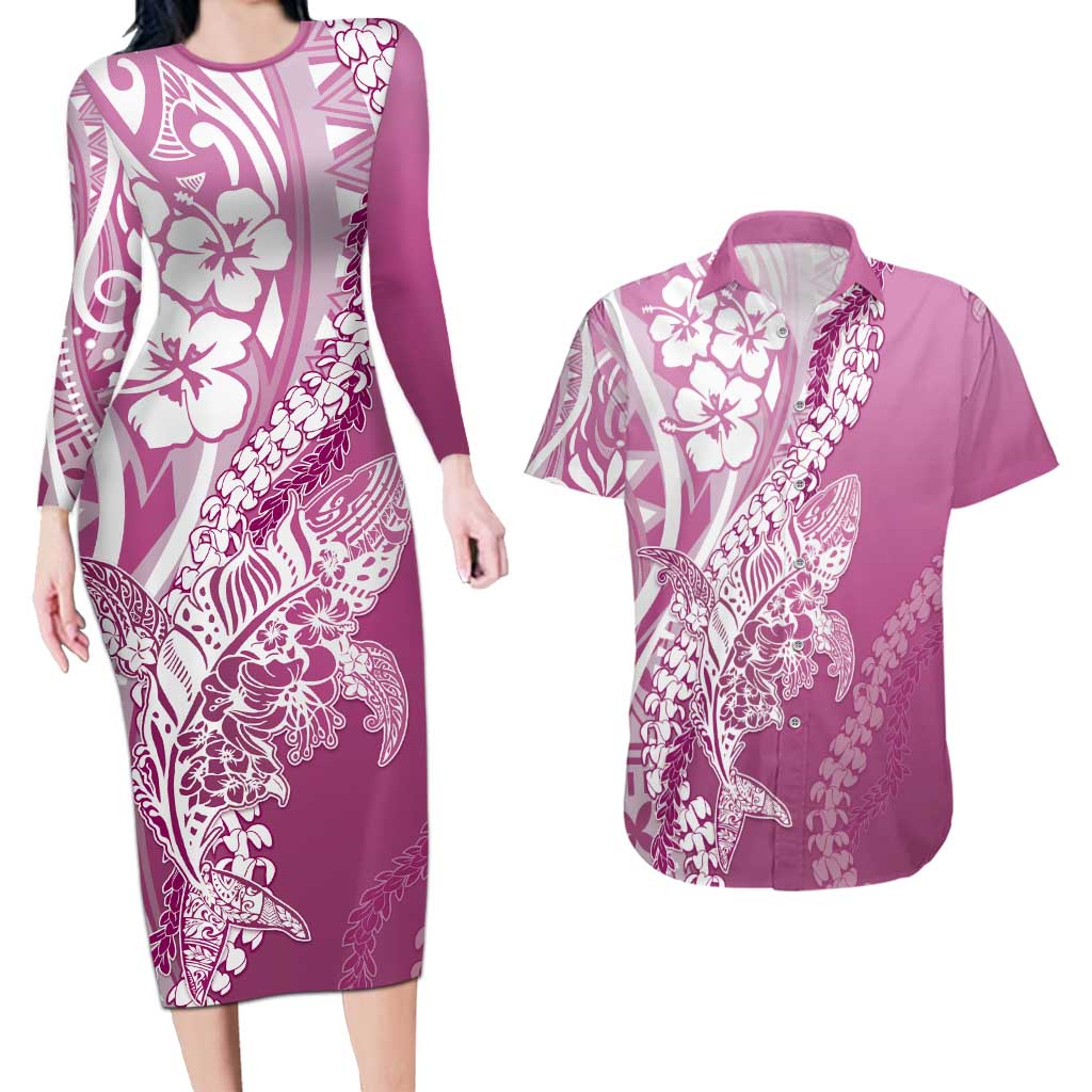 Hawaii Puakenikeni And Maile Lei Couples Matching Long Sleeve Bodycon Dress and Hawaiian Shirt Pink Polynesian Shark Tattoo DT05