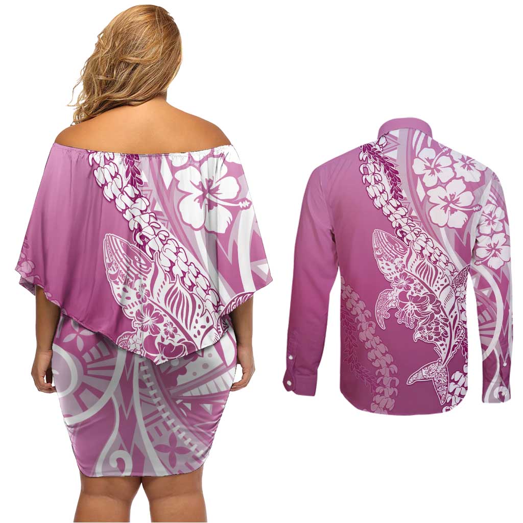 Hawaii Puakenikeni And Maile Lei Couples Matching Off Shoulder Short Dress and Long Sleeve Button Shirt Pink Polynesian Shark Tattoo DT05