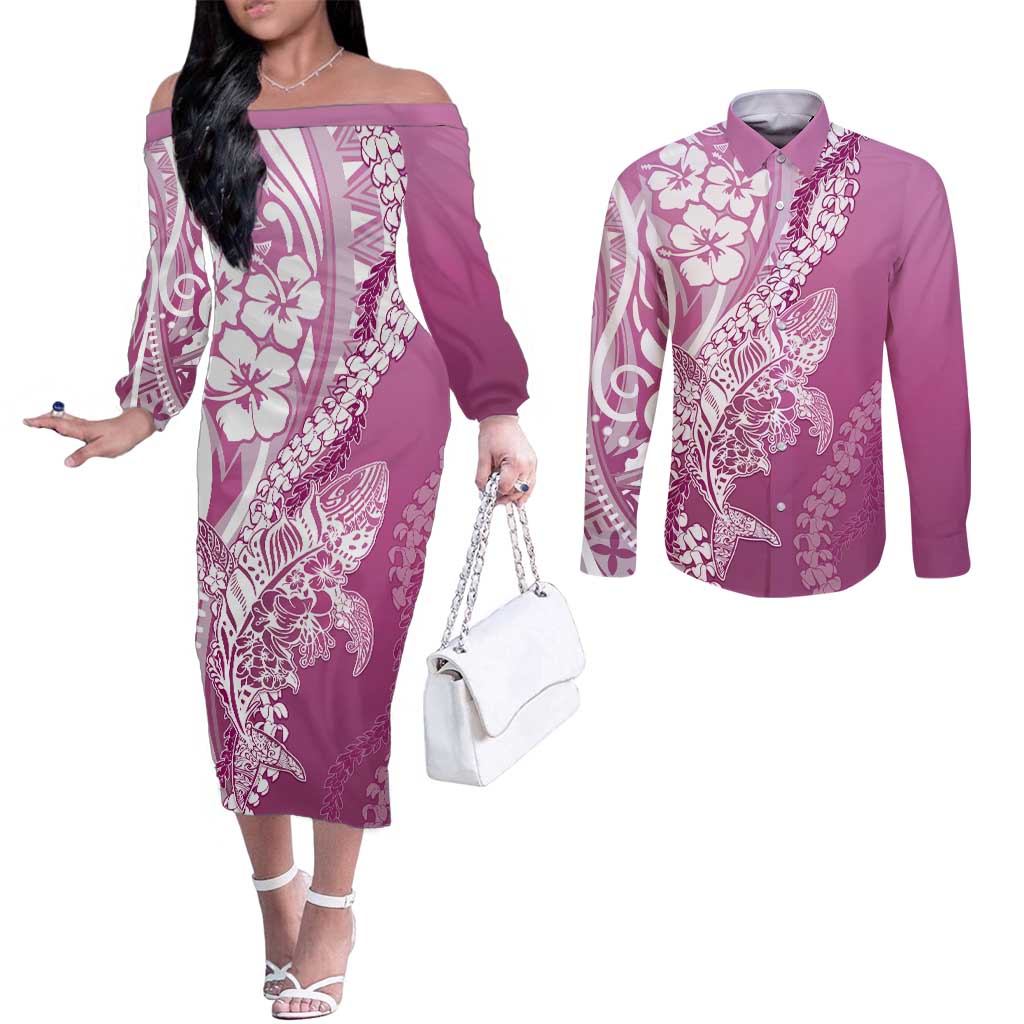 Hawaii Puakenikeni And Maile Lei Couples Matching Off The Shoulder Long Sleeve Dress and Long Sleeve Button Shirt Pink Polynesian Shark Tattoo DT05