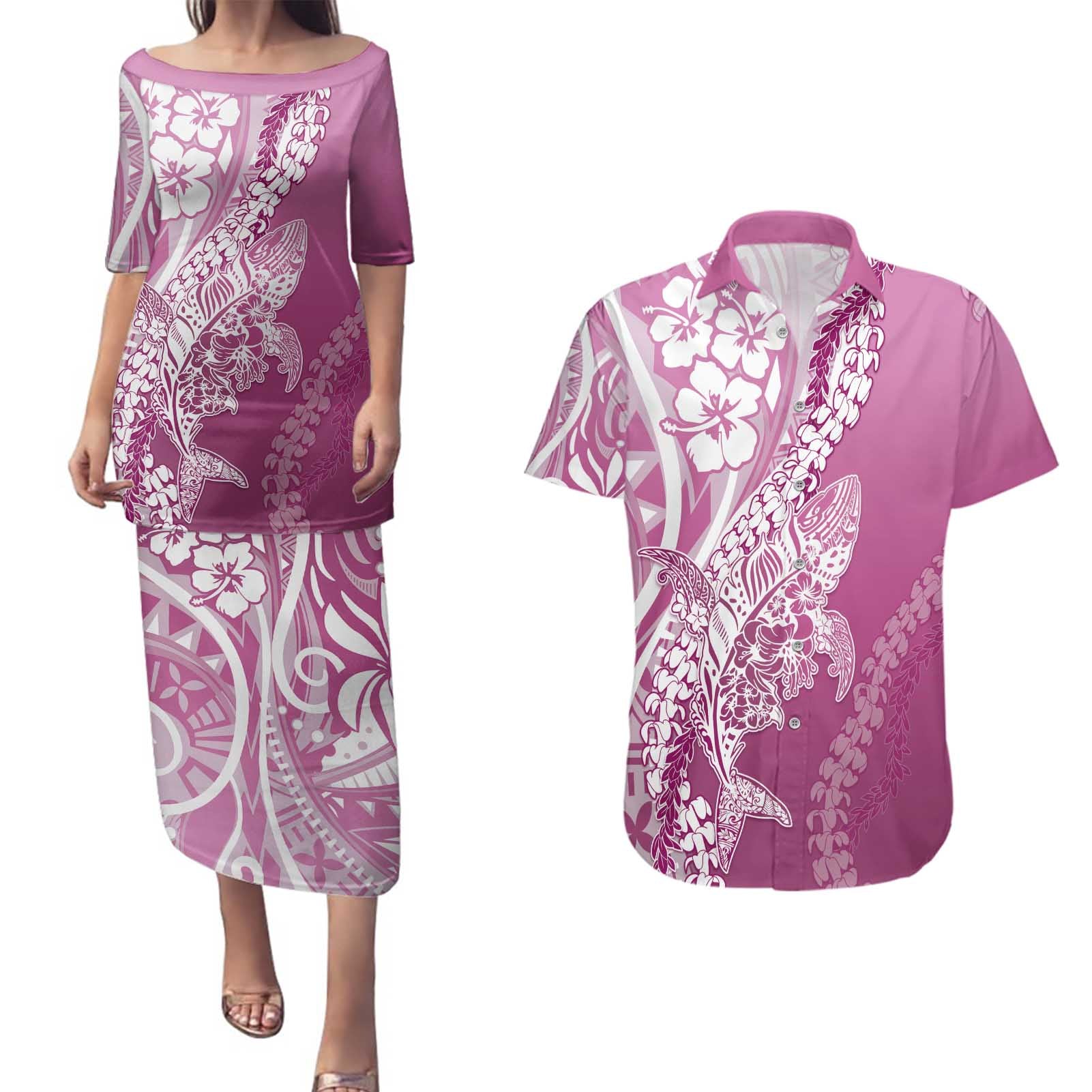 Hawaii Puakenikeni And Maile Lei Couples Matching Puletasi and Hawaiian Shirt Pink Polynesian Shark Tattoo DT05