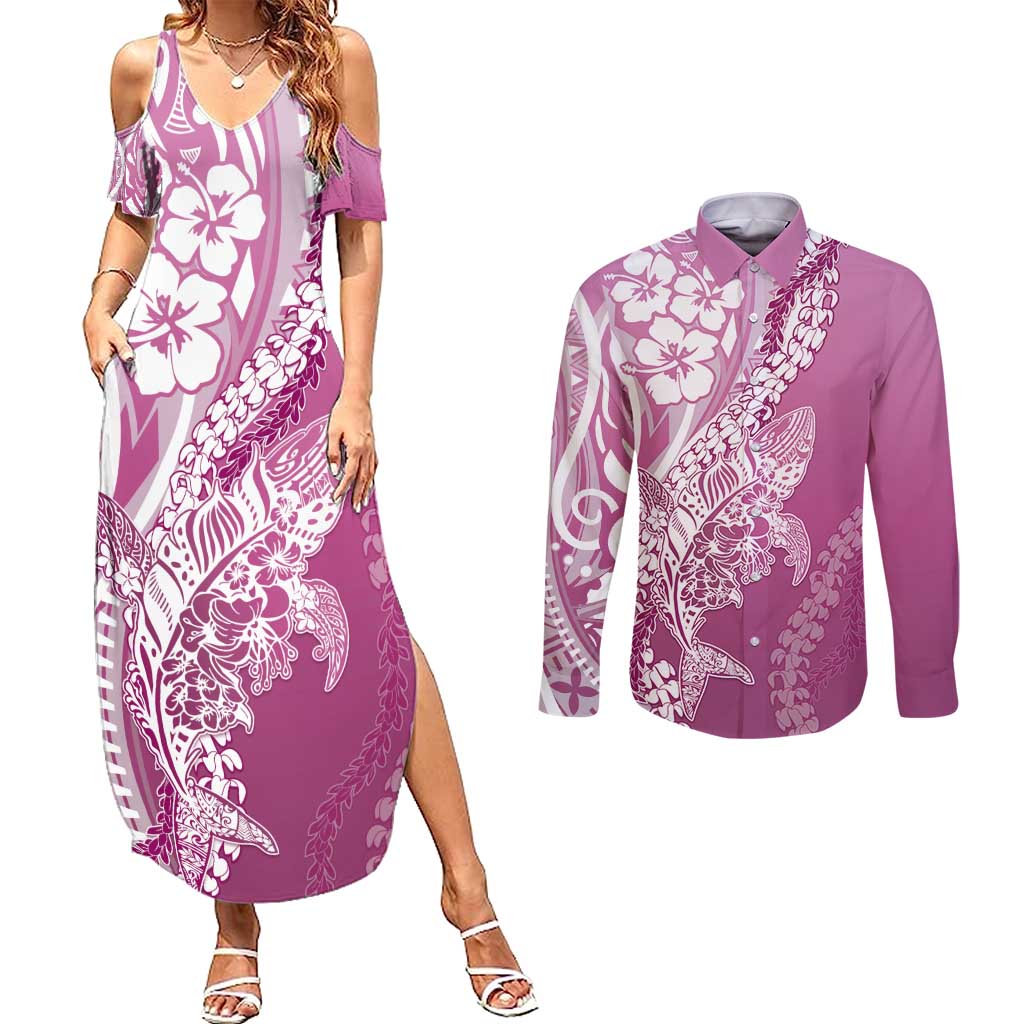 Hawaii Puakenikeni And Maile Lei Couples Matching Summer Maxi Dress and Long Sleeve Button Shirt Pink Polynesian Shark Tattoo DT05