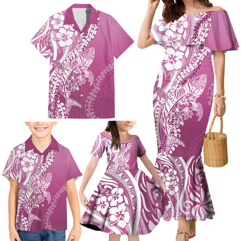 Hawaii Puakenikeni And Maile Lei Family Matching Mermaid Dress and Hawaiian Shirt Pink Polynesian Shark Tattoo DT05