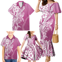 Hawaii Puakenikeni And Maile Lei Family Matching Mermaid Dress and Hawaiian Shirt Pink Polynesian Shark Tattoo DT05