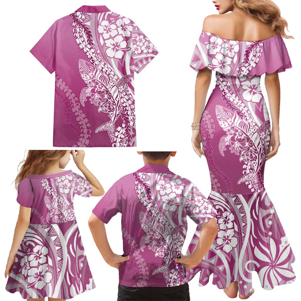 Hawaii Puakenikeni And Maile Lei Family Matching Mermaid Dress and Hawaiian Shirt Pink Polynesian Shark Tattoo DT05