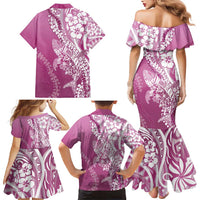 Hawaii Puakenikeni And Maile Lei Family Matching Mermaid Dress and Hawaiian Shirt Pink Polynesian Shark Tattoo DT05