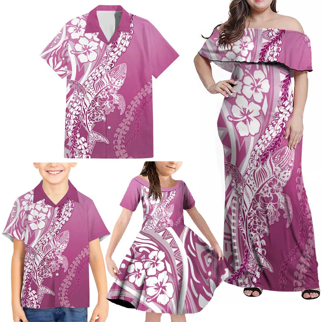 Hawaii Puakenikeni And Maile Lei Family Matching Off Shoulder Maxi Dress and Hawaiian Shirt Pink Polynesian Shark Tattoo DT05