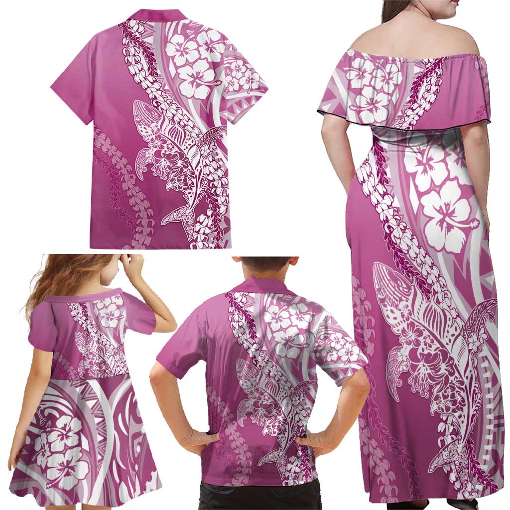 Hawaii Puakenikeni And Maile Lei Family Matching Off Shoulder Maxi Dress and Hawaiian Shirt Pink Polynesian Shark Tattoo DT05