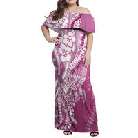 Hawaii Puakenikeni And Maile Lei Family Matching Off Shoulder Maxi Dress and Hawaiian Shirt Pink Polynesian Shark Tattoo DT05
