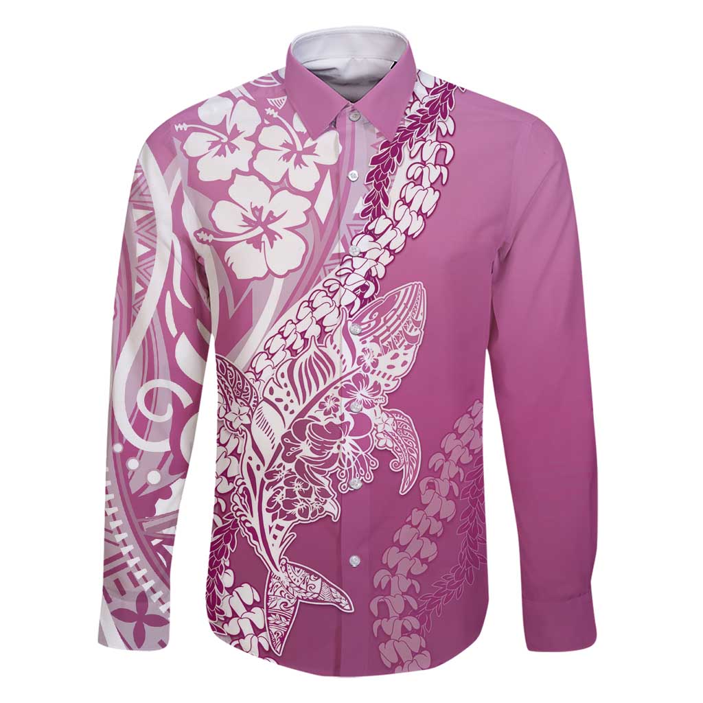 Hawaii Puakenikeni And Maile Lei Family Matching Off Shoulder Short Dress and Hawaiian Shirt Pink Polynesian Shark Tattoo DT05