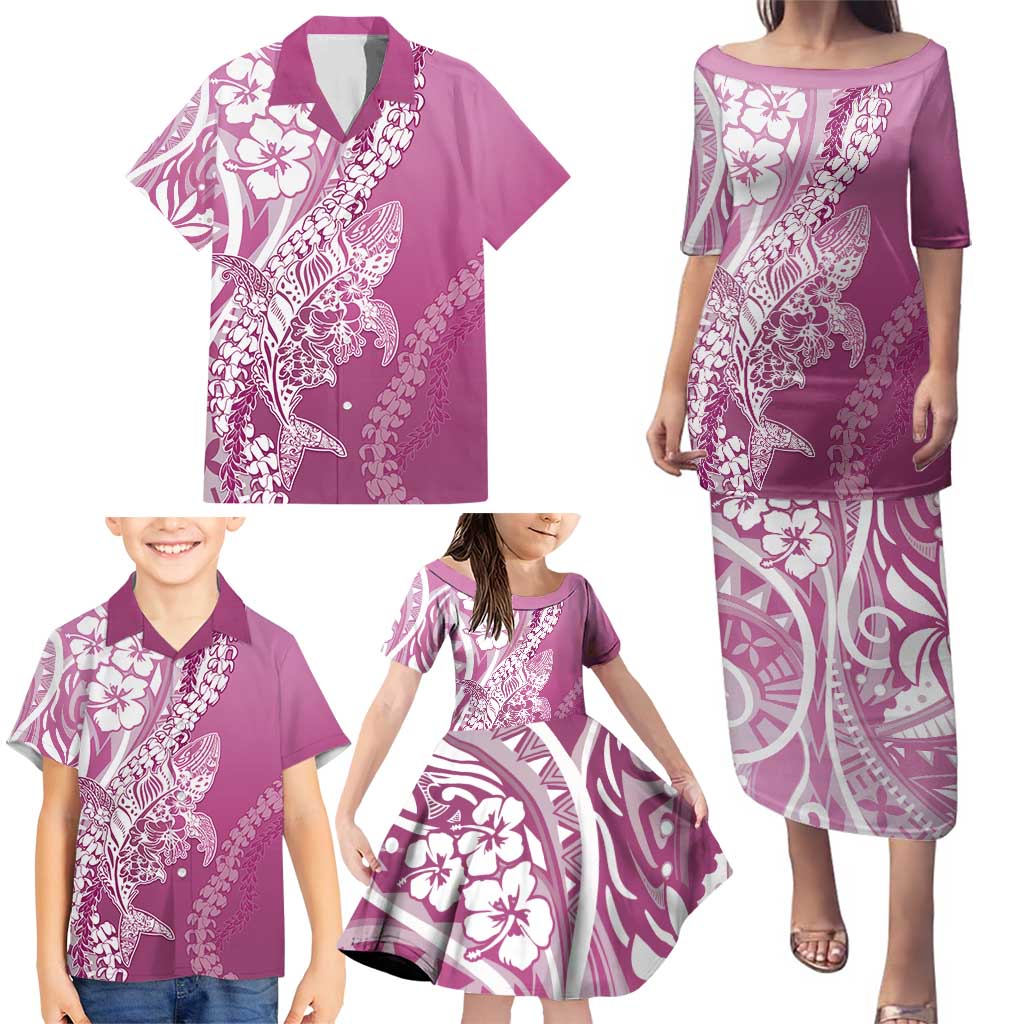 Hawaii Puakenikeni And Maile Lei Family Matching Puletasi and Hawaiian Shirt Pink Polynesian Shark Tattoo DT05
