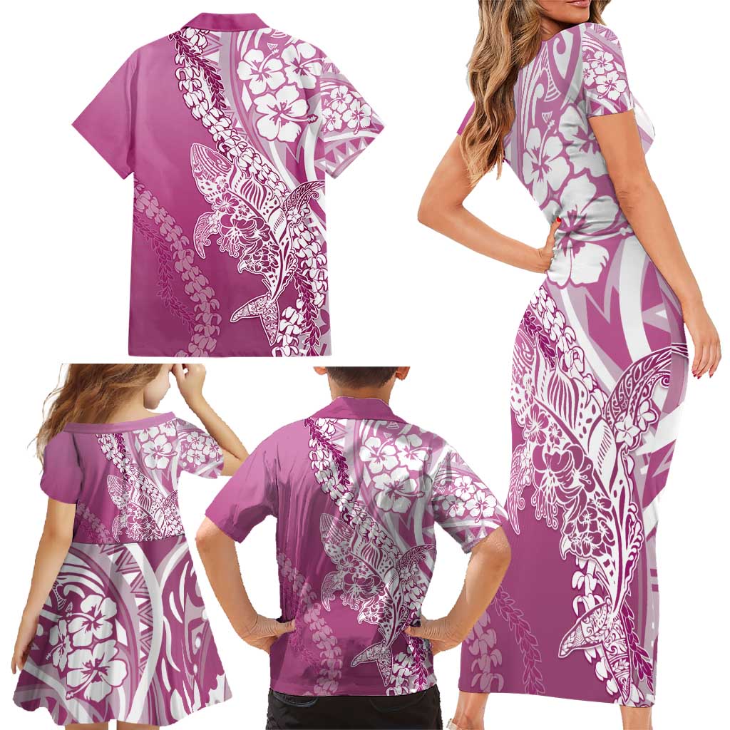 Hawaii Puakenikeni And Maile Lei Family Matching Short Sleeve Bodycon Dress and Hawaiian Shirt Pink Polynesian Shark Tattoo DT05