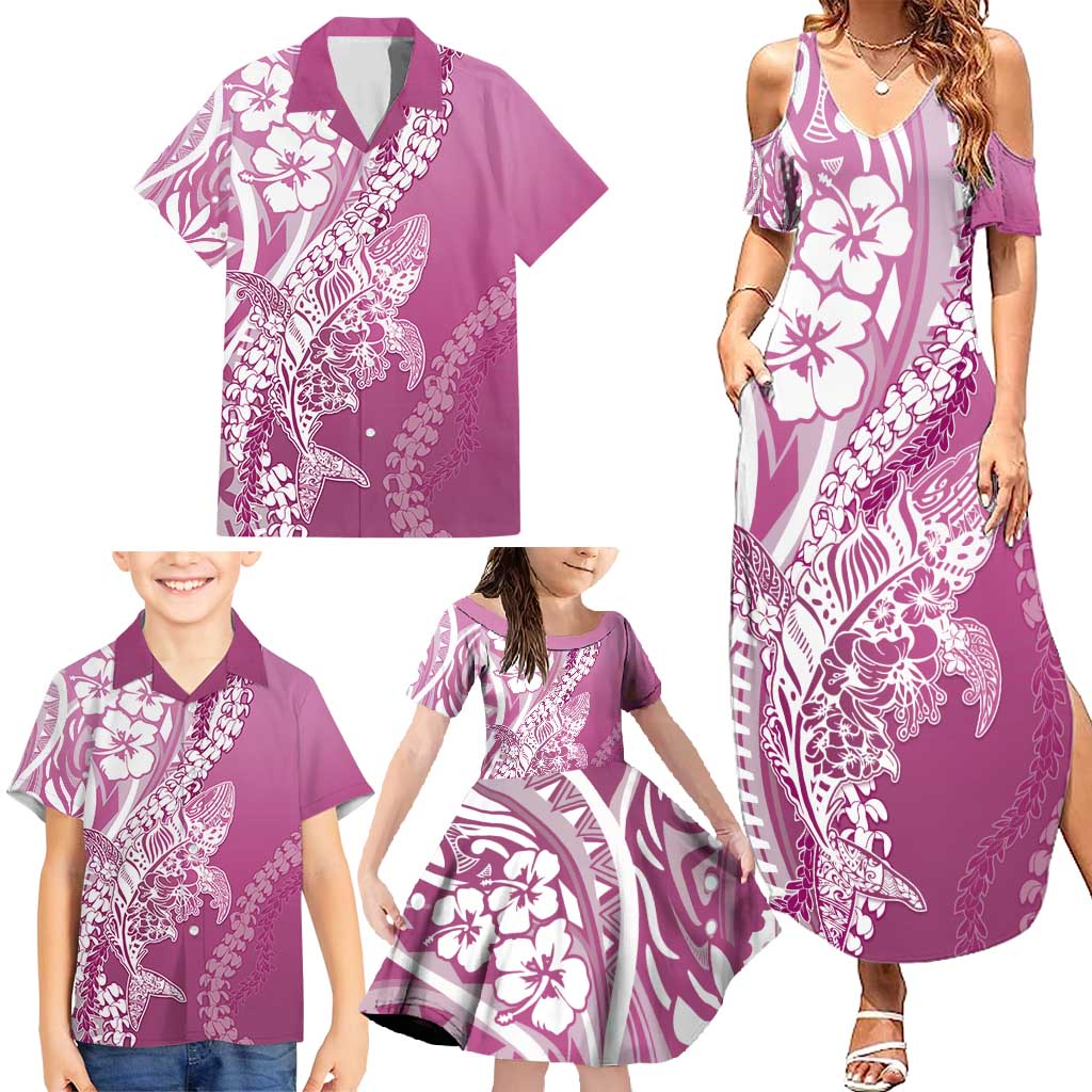 Hawaii Puakenikeni And Maile Lei Family Matching Summer Maxi Dress and Hawaiian Shirt Pink Polynesian Shark Tattoo DT05