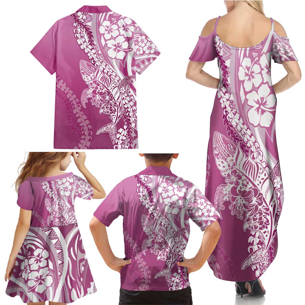 Hawaii Puakenikeni And Maile Lei Family Matching Summer Maxi Dress and Hawaiian Shirt Pink Polynesian Shark Tattoo DT05
