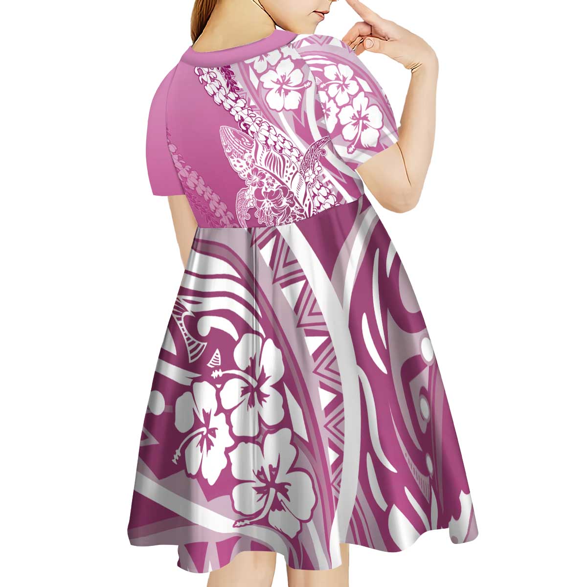Hawaii Puakenikeni And Maile Lei Kid Short Sleeve Dress Pink Polynesian Shark Tattoo DT05