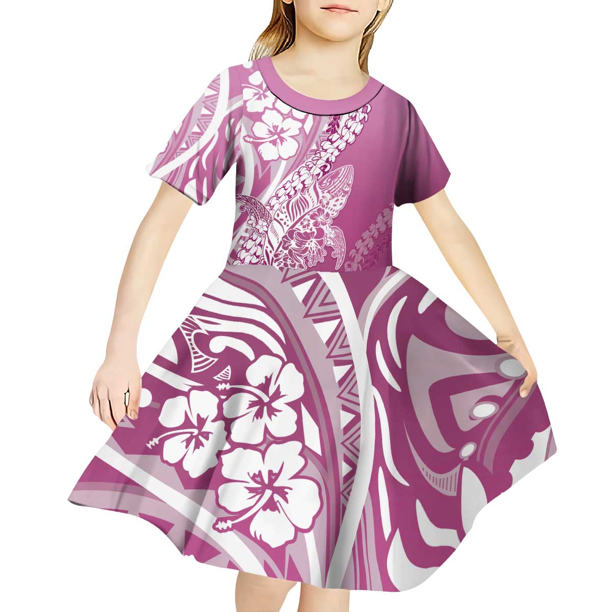 Hawaii Puakenikeni And Maile Lei Kid Short Sleeve Dress Pink Polynesian Shark Tattoo DT05