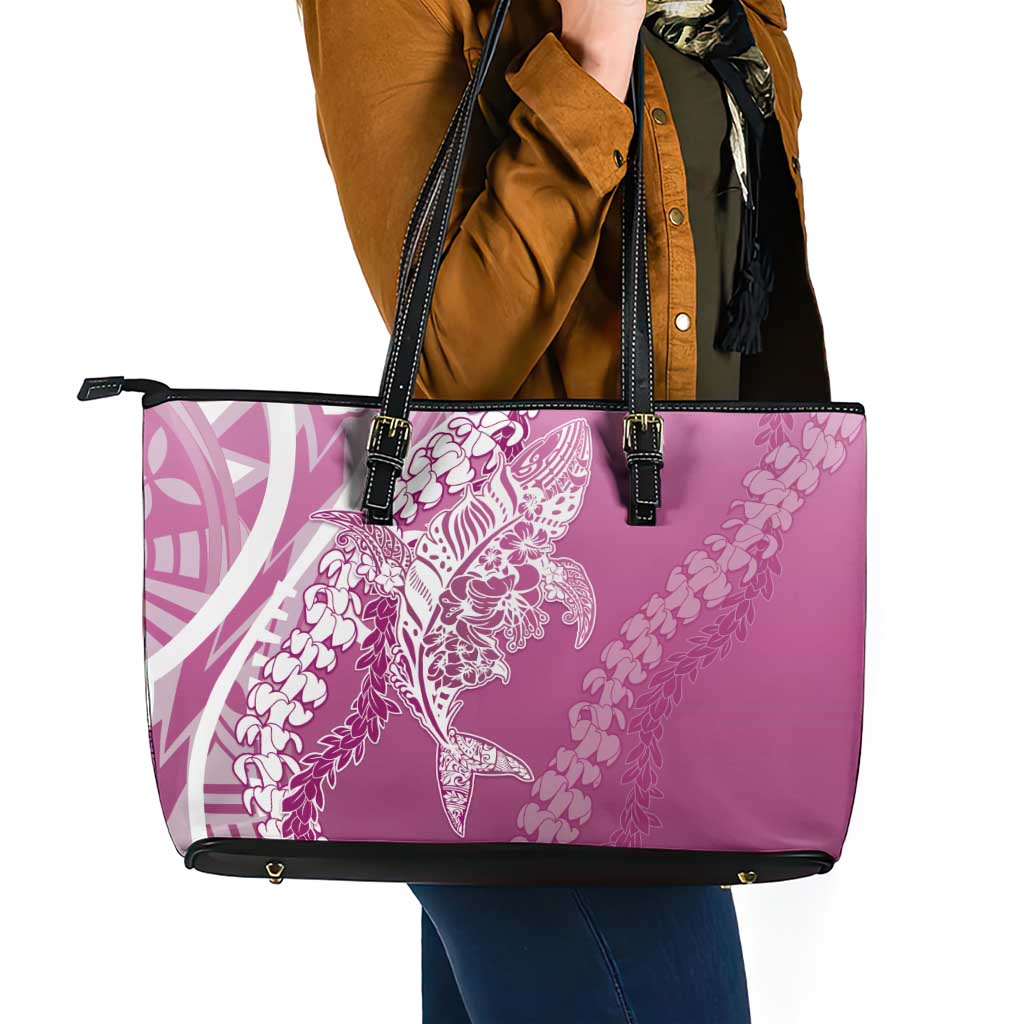 Hawaii Puakenikeni And Maile Lei Leather Tote Bag Pink Polynesian Shark Tattoo DT05