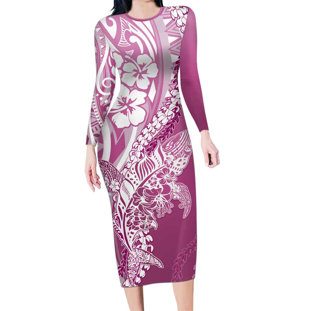 Hawaii Puakenikeni And Maile Lei Long Sleeve Bodycon Dress Pink Polynesian Shark Tattoo DT05