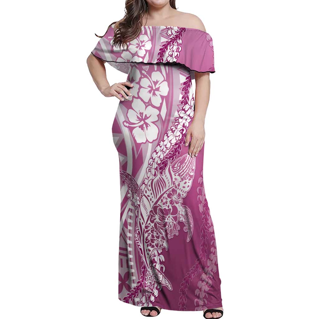 Hawaii Puakenikeni And Maile Lei Off Shoulder Maxi Dress Pink Polynesian Shark Tattoo DT05