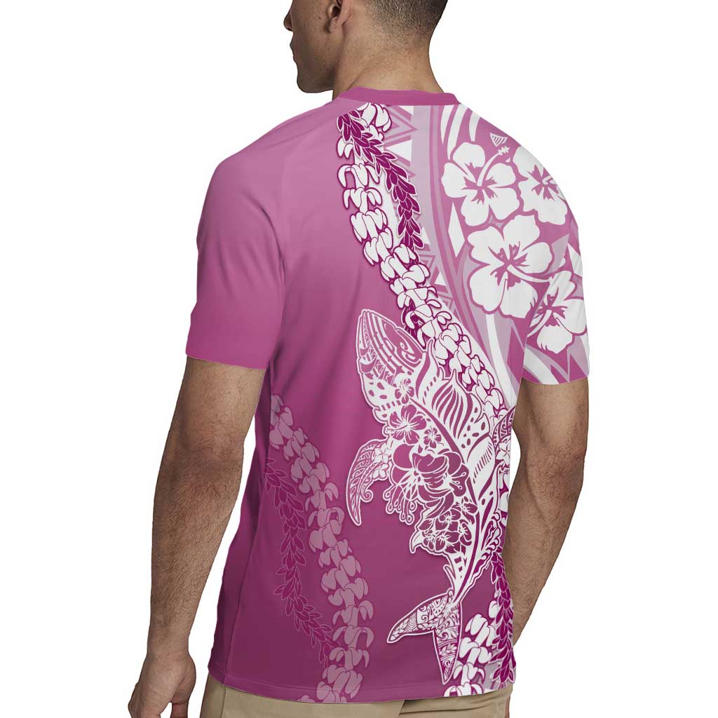 Hawaii Puakenikeni And Maile Lei Rugby Jersey Pink Polynesian Shark Tattoo DT05