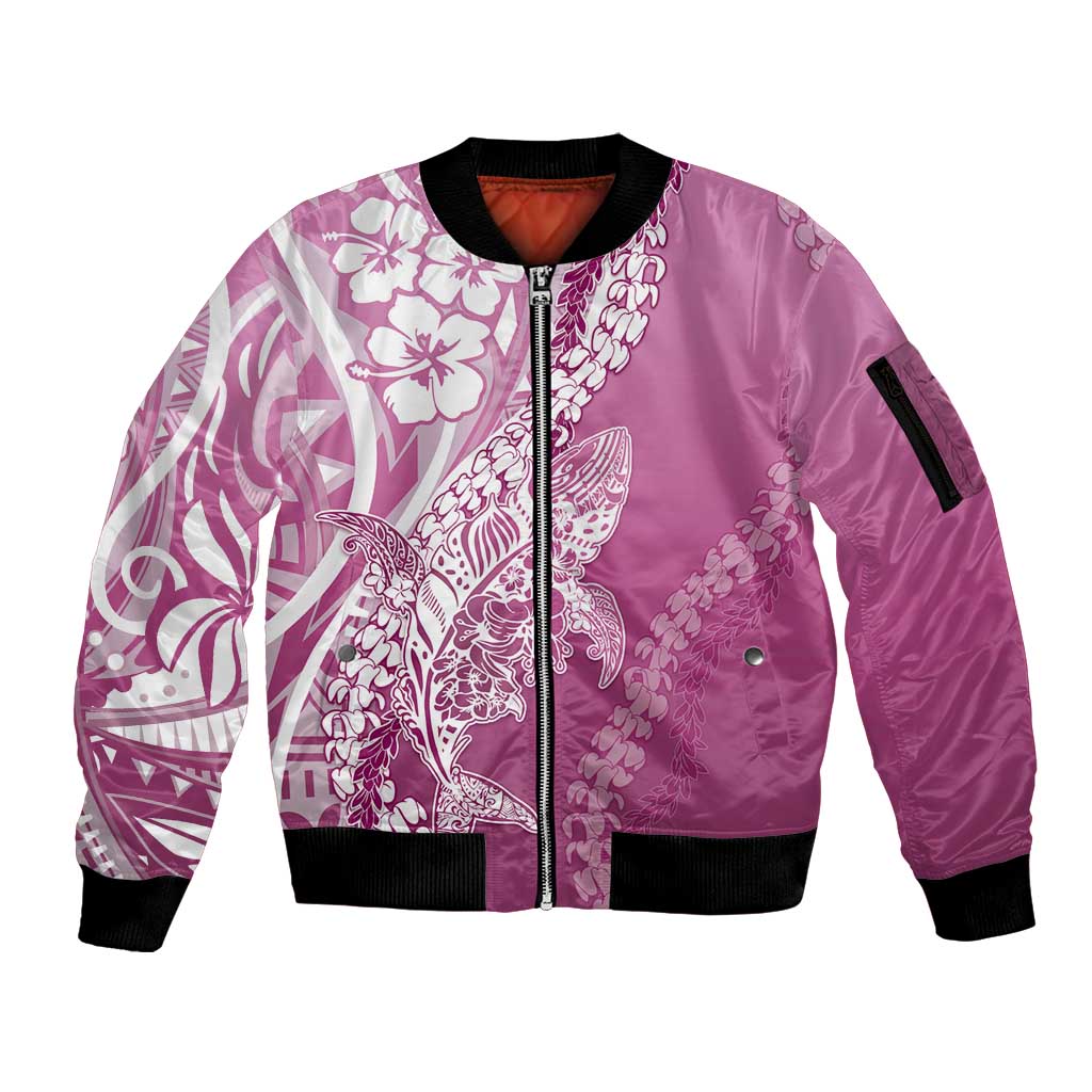 Hawaii Puakenikeni And Maile Lei Sleeve Zip Bomber Jacket Pink Polynesian Shark Tattoo DT05