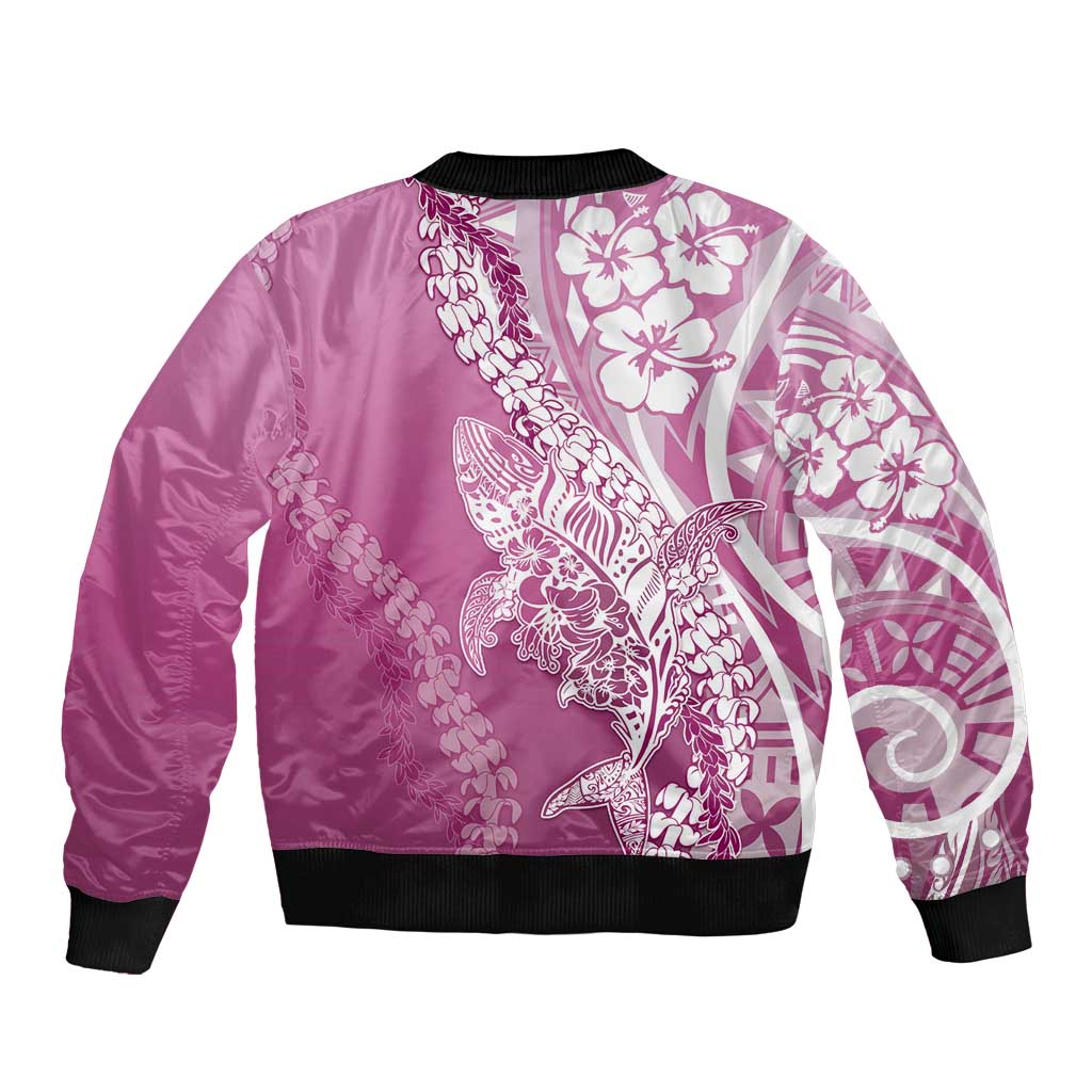 Hawaii Puakenikeni And Maile Lei Sleeve Zip Bomber Jacket Pink Polynesian Shark Tattoo DT05