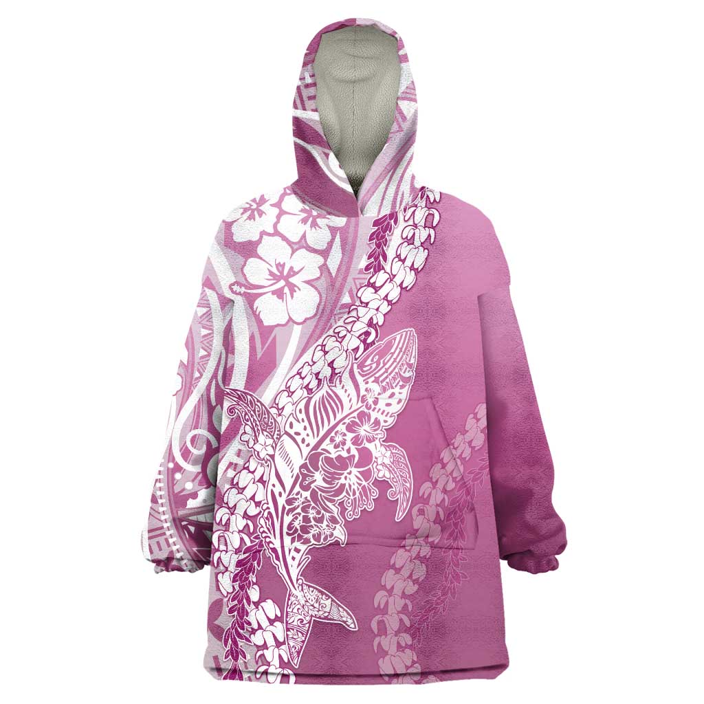 Hawaii Puakenikeni And Maile Lei Wearable Blanket Hoodie Pink Polynesian Shark Tattoo DT05