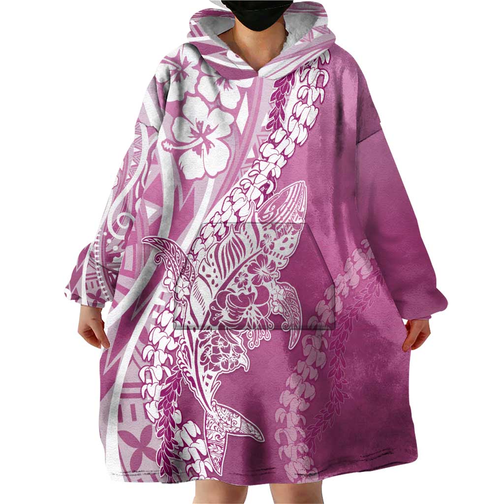 Hawaii Puakenikeni And Maile Lei Wearable Blanket Hoodie Pink Polynesian Shark Tattoo DT05